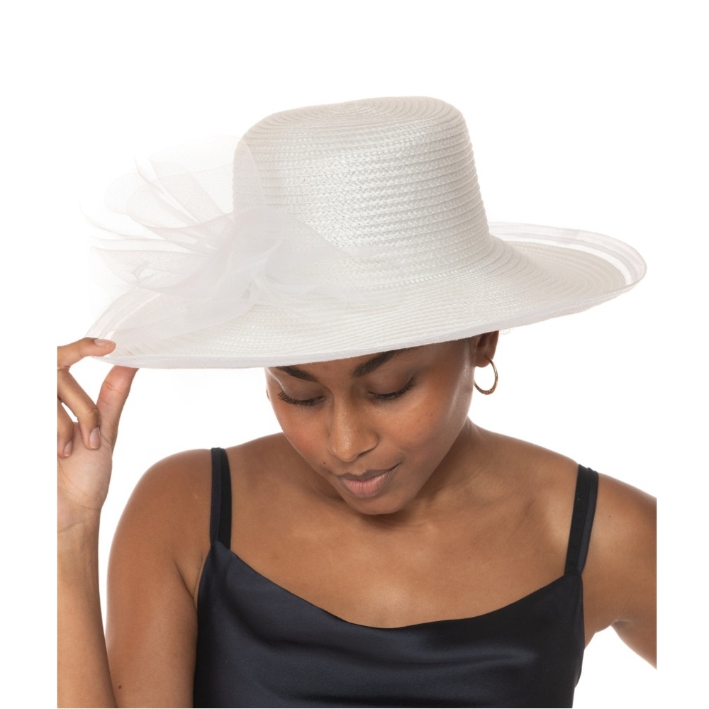 Bellissima Millinery Collection Tulle-Trim Braided Wide-Brim Hat
